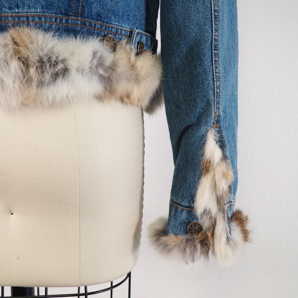 Rabbit Fur Lined Denim Jacket - Picture 5 of 7